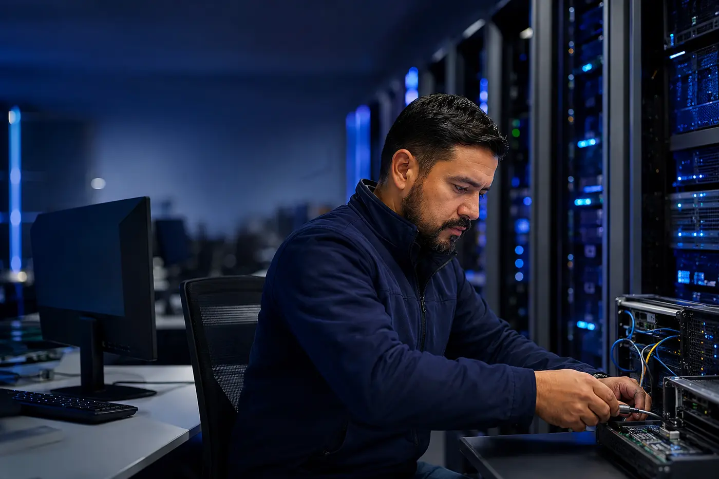 Técnico especializado brindando soporte a infraestructura tecnológica